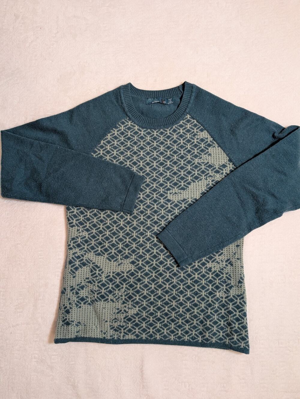 prAna Antonia Women's Teal Geo Pattern Wool Blend Pullover Sweater Size XS
